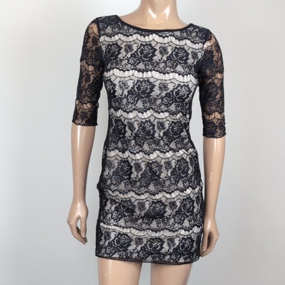 Costa Blanca Lace Illusion Dress Crop Sleeve Mini Bodycon Ballet Black White - Picture 2 of 11